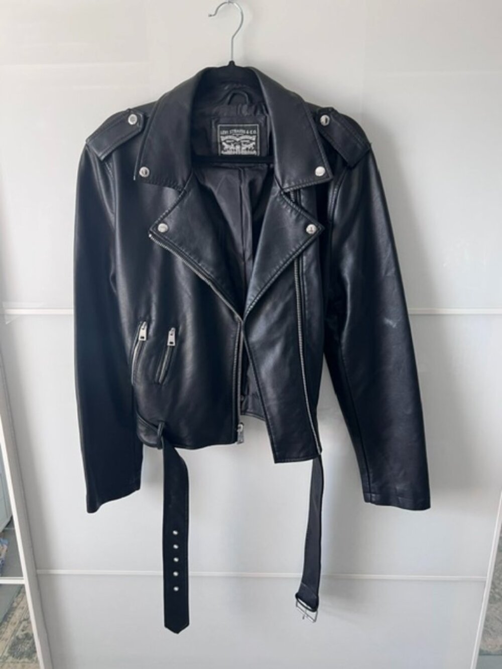 Levi's Black Leather Moto Jacket with Belted Waist Size XL